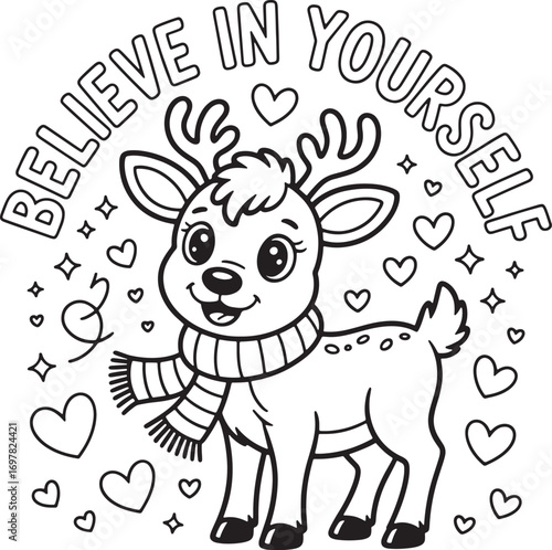 Happy baby reindeer wearing a scarf stands amidst hearts and stars, transparent background