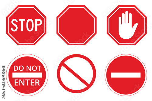 Stop sign icon set - Hand stop icon vector, Red Stop and Prohibition Traffic Signs Collection – Road Safety Symbols Set