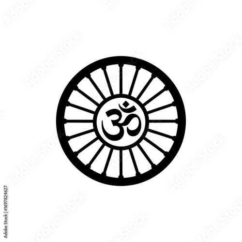 Black and white circular design featuring the Om symbol within a radiating sunburst pattern.