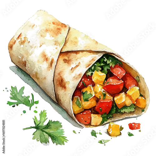 Burrito, watercolor illustration vector, isolated on a white background.