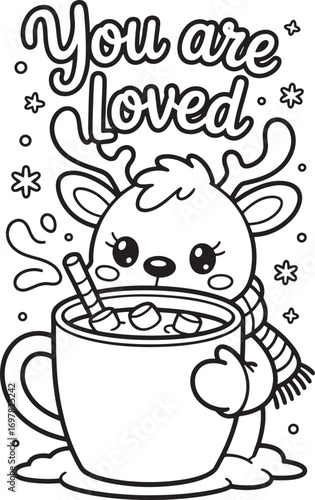 Kawaii reindeer enjoys delicious cocoa with marshmallows while wearing a striped scarf and transparent background