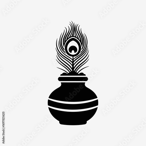 A black silhouette icon of a single peacock feather standing upright in a traditional Indian pot.