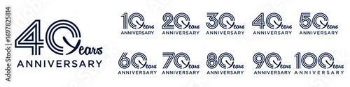 collection anniversary 10 to 100 year logo designs. abstract number for celebration event, wedding, greeting card, and invitation, vector illustration