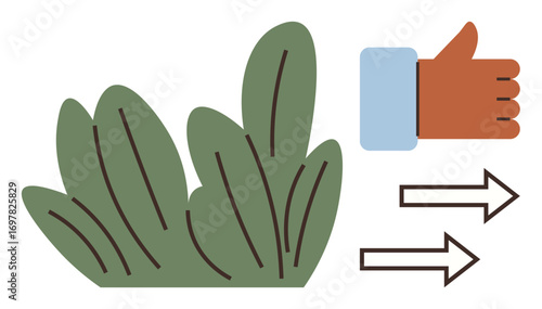 Green leaves, thumbs-up sign, and forward arrows emphasizing eco-conscious practices, approval, and progress. Ideal for sustainability, environment, green living, positivity innovation business