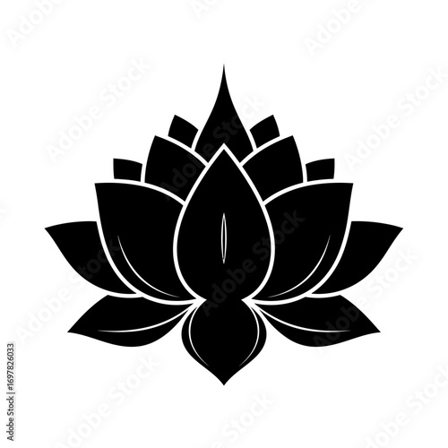 Black and white vector illustration of a stylized lotus flower with multiple petals, centered on a white background.