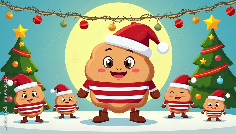 Fototapeta premium Festive characters wearing santa hats and striped shirts christmas holiday