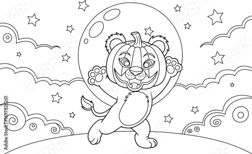 Lion wearing pumpkin head costume stands joyfully against moonlit Halloween night, coloring page