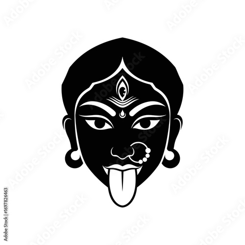A stark black and white illustration of the Hindu goddess Kali's face, with a protruding tongue.