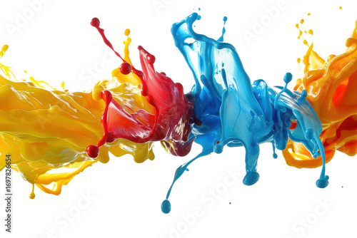 Orange and blue paint splash mixing on white background