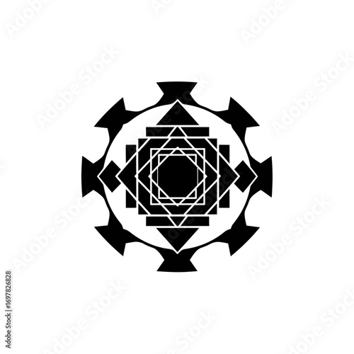Abstract geometric design featuring nested squares, triangles, and a circle, rendered in black against a white background.