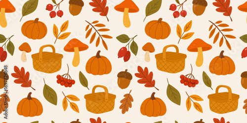 Seamless autumn pattern with pumpkins, mushrooms, picnic baskets, berries, acorns, and fall leaves, cozy hand drawn vector background for seasonal textile, wrapping paper, or wallpaper design