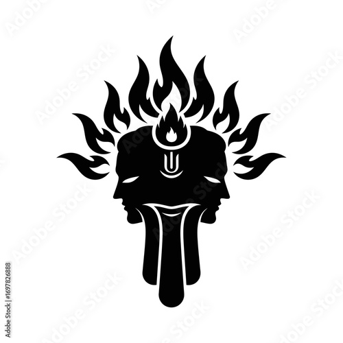 Stylized black and white illustration of a two-faced figure with flames emanating from the head, evoking spiritual or mythological themes.