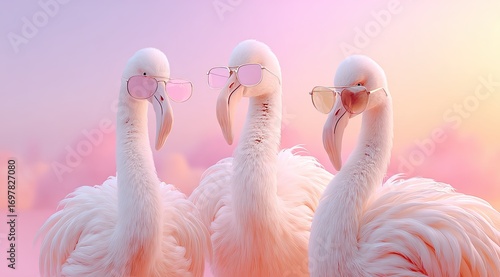 Three pink flamingos, wearing sunglasses, against a pastel pink and orange sky