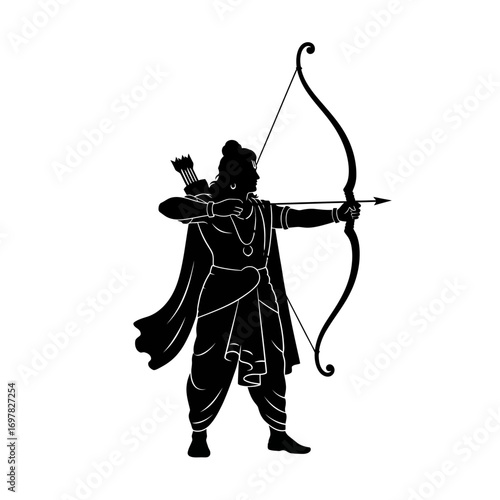 Silhouette of a Hindu deity, Rama, drawing a bow and arrow, in a dynamic pose.