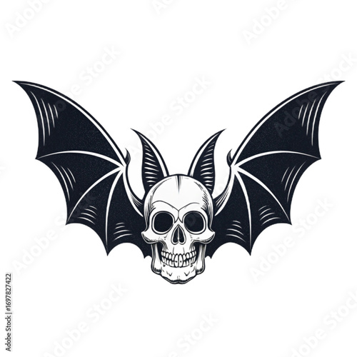 “Minimalist Halloween bat vector illustration,A human skull in place of a bat's head, flying bat silhouette with spread wings, spooky and bold design, sharp edges, black solid shape, no background, hi