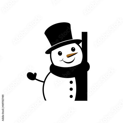 Cartoon snowman with hat and scarf smiling on transparent background silhouette