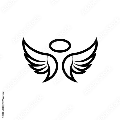 Minimalist angel wings and halo illustration on transparent background silhouette