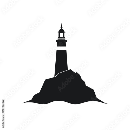 Silhouette of a lighthouse on a rocky isle on transparent background