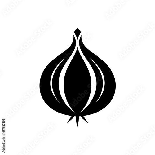 Simple black and white onion illustration on transparent background silhouette