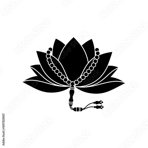 A stylized black silhouette of a lotus flower adorned with a mala or prayer beads, symbolizing spirituality and meditation.
