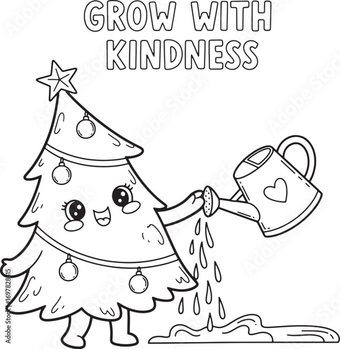 Smiling cartoon Christmas tree character waters a puddle using a heart adorned watering can