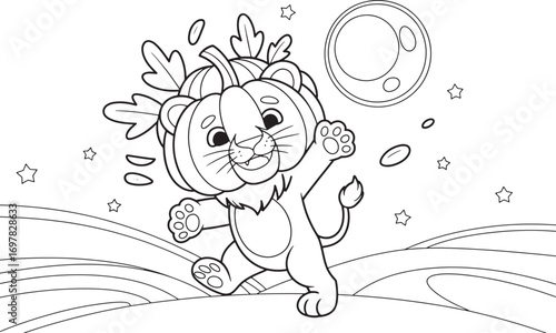 Smiling cartoon lion with pumpkin head leaps playfully under stars and the moon