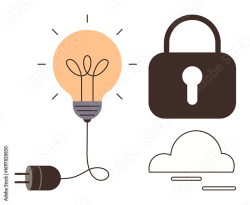 Electric bulb with plug, stylized padlock, and cloud represent innovative ideas, energy, technology, security, and cloud storage. Ideal for tech, data protection creativity digital transformation