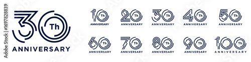 collection anniversary 10 to 100 year logo designs. abstract number for celebration event, wedding, greeting card, and invitation, vector illustration