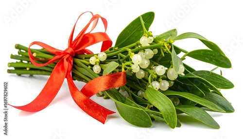 Bunch of mistletoe with red ribbon