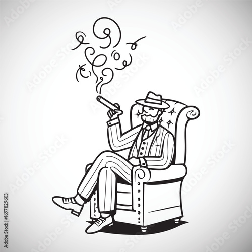 Man in suit and hat smoking cigar sitting in armchair with smoke swirls vector