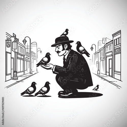 Man in hat and suit feeding pigeons on a street with buildings and lampposts bird