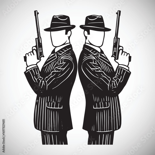 Two men in fedoras and pinstripe suits holding handguns facing away from each other gangster mafia