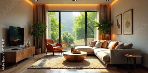 Cozy and inviting living room interior design with comfortable furniture and warm lighting, perfect for relaxation and family time Large windows provide natural light , relaxing, large windows