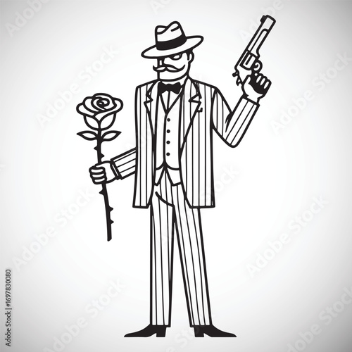 Stylized man in pinstripe suit holding gun and rose gangster mafia