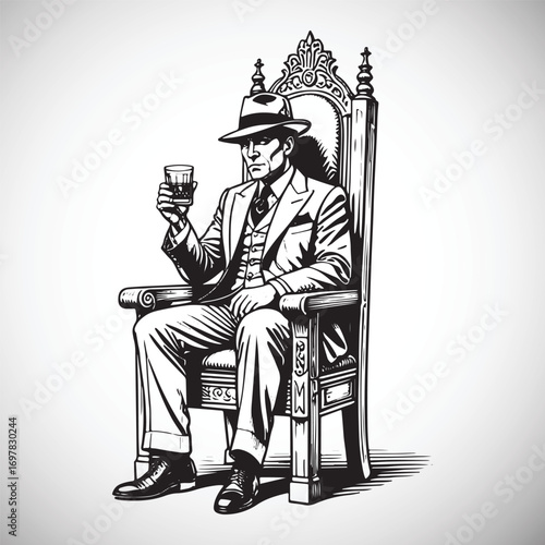 Man in fedora suit holding glass of whiskey sitting on ornate throne chair male person
