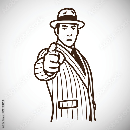 Man in fedora and pinstripe suit pointing finger forward with stern expression vector