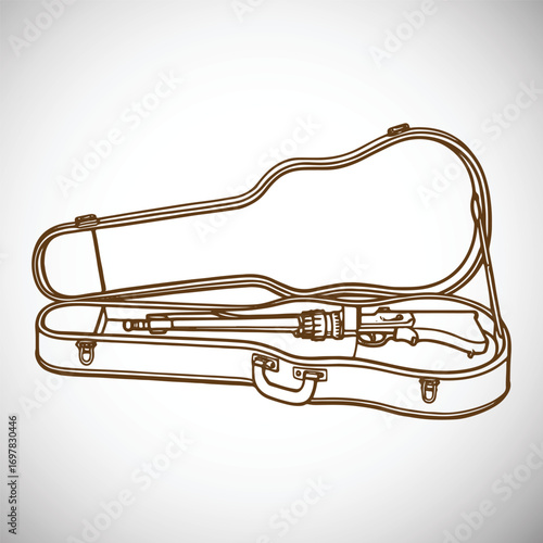 Brown outline drawing of an open guitar case with a guitar inside open case musical instrument