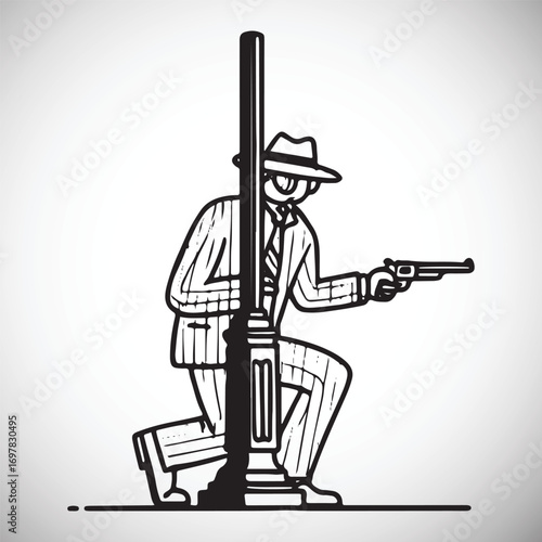 Black and white illustration of a man in a fedora and pinstripe suit crouching behind a lamppost holding a pistol
