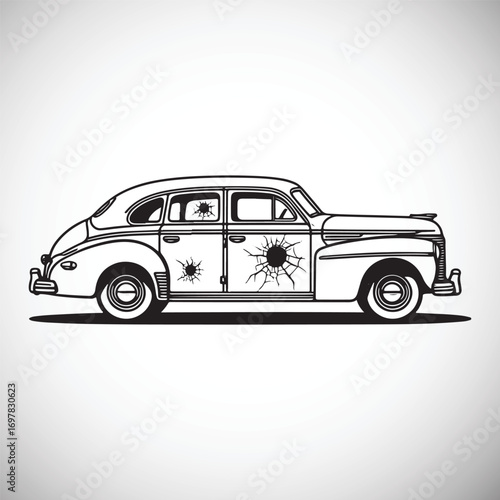 Vintage car with bullet holes in windows and door illustration automobile vehicle