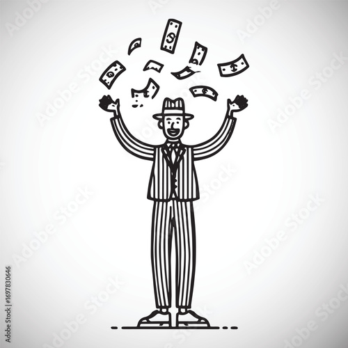 Man in striped suit and fedora throwing money in the air cash raining money