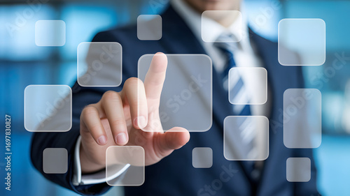 Sophisticated businessman touching virtual interface for innovative technology solutions now