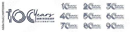 collection anniversary 10 to 100 year logo designs. abstract number for celebration event, wedding, greeting card, and invitation, vector illustration