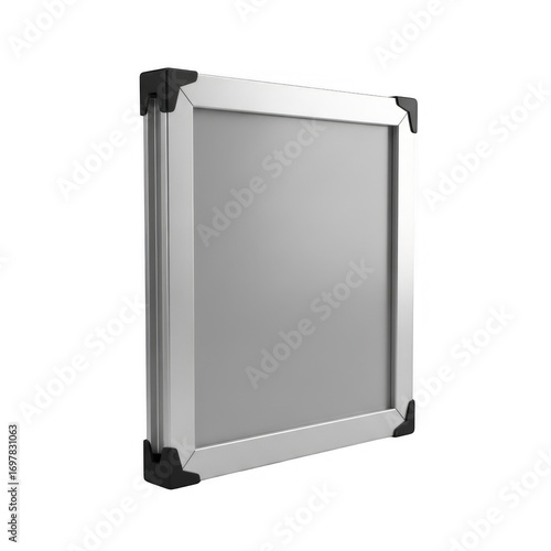 Realistic 3d rendered presentation frame with metal border and transparent corner brackets
