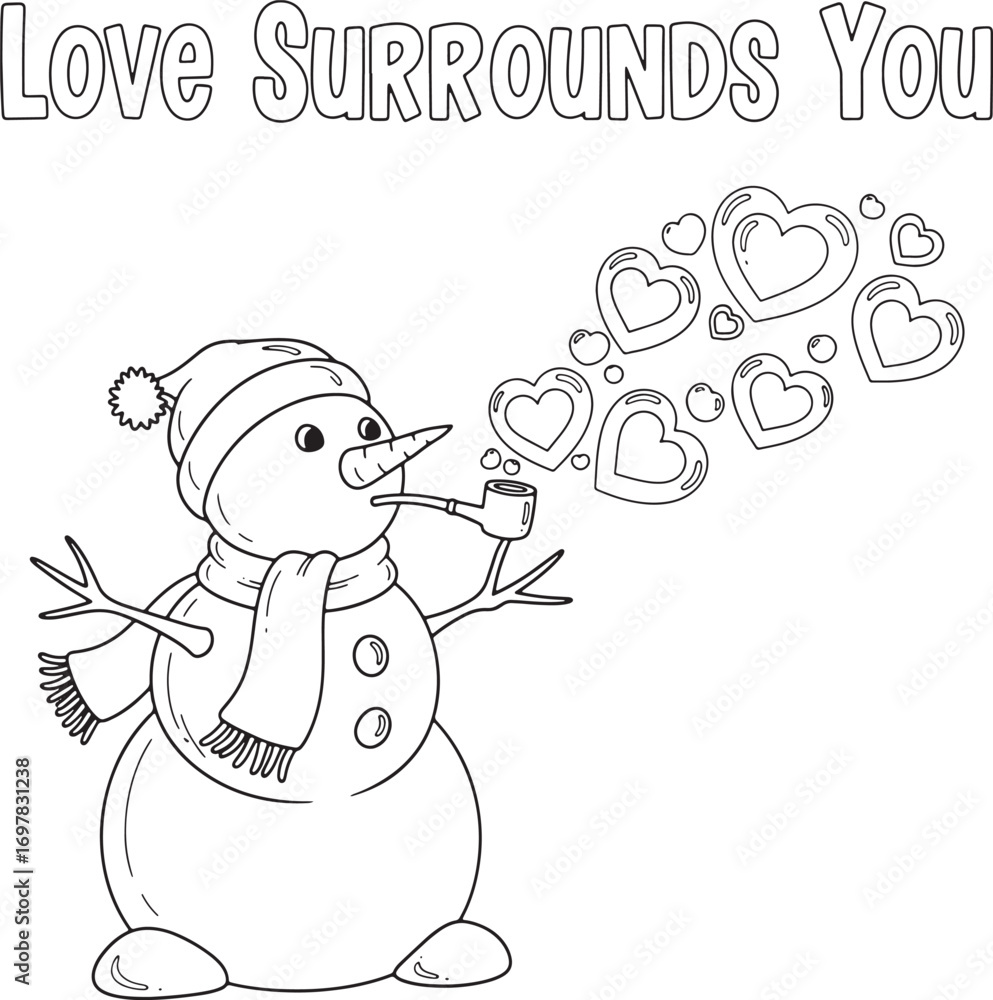 The cute snowman, wearing a hat, blows heart bubbles through a pipe