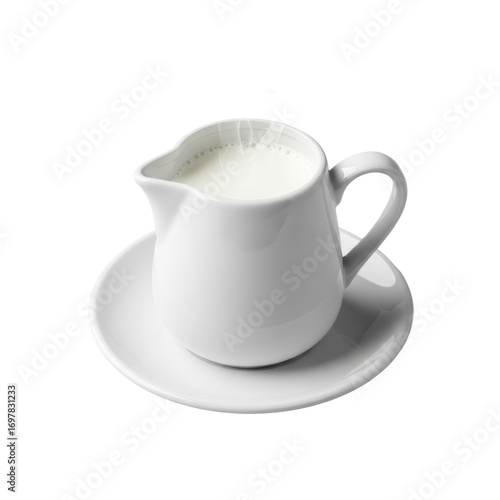 Small white ceramic milk pitcher filled with creamy frothed milk and delicate steam, on a matching saucer, isolated on a transparent background with high-key lighting, product photography concept