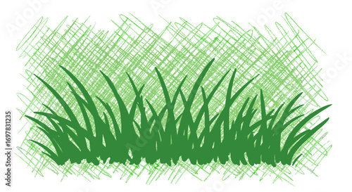 A hand-drawn illustration of a patch of green grass with a sketchy, scribbled background.