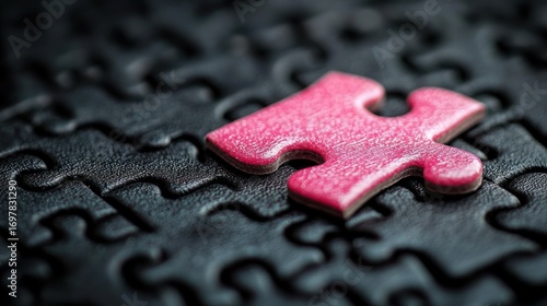 Close-up of a single pink jigsaw piece on a dark puzzle