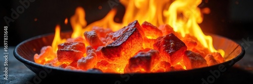 Close-up shot of a vibrant, intensely hot plate of fire, glowing embers, and searing flames, ideal for depicting heat, energy, or culinary themes ,  shadow,  background