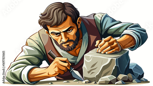 Close-up portrait of male stone carver chiseling rock. Isolated white background highlights power, patience, and ancient construction art.