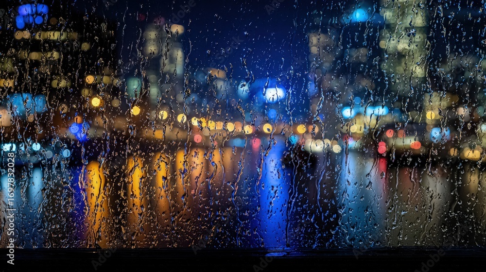 Obraz premium Rainy Night Cityscape Through Window